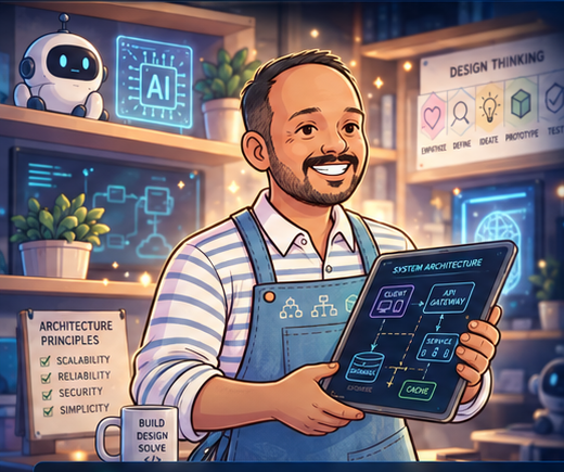 Illustrated architect holding a system architecture tablet in an AI engineering studio